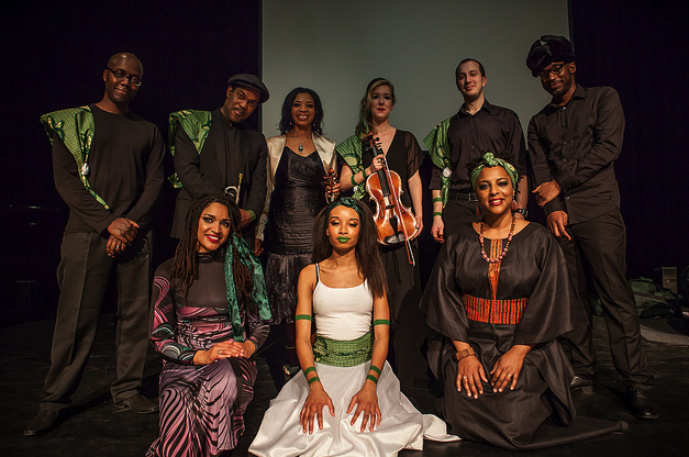 The Mandela Tales cast on the stage at The Purcell Rooms at London's Royal Festival Hall in 2012. With Yolanda Grant Thompson, Byron Wallen, Kerri McLean, Katrina Brown, Robert Mitchell, Jon Normston and Shirley Thompson.
