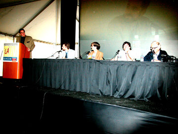 Brent Roske speaking at the LA DV Expo with Albert Maysles, Gary Winick, and ACE President Tina Hisch.