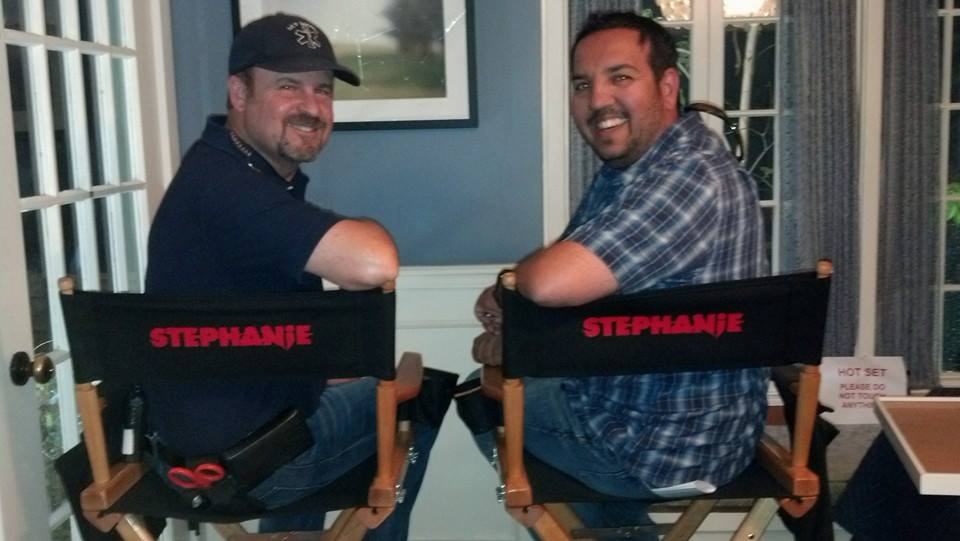 Having some fun on the Stephanie set is Medic Steve Martin and Location Scout Javier Robles.