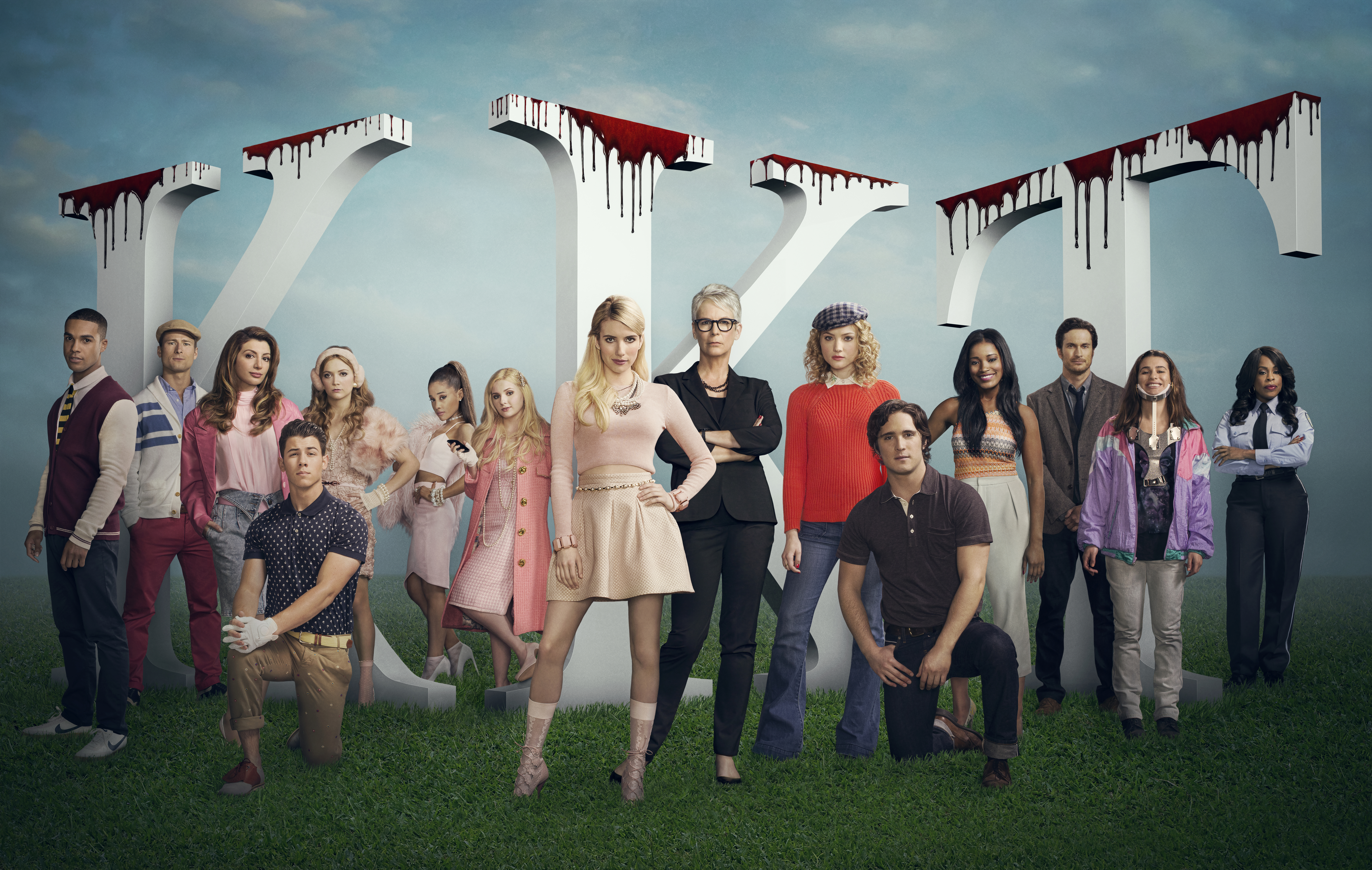 Still of Jamie Lee Curtis, Oliver Hudson, Lea Michele, Niecy Nash, Emma Roberts, Abigail Breslin, Skyler Samuels, Glen Powell, Diego Boneta, Keke Palmer, Lucien Laviscount, Nasim Pedrad, Nick Jonas, Ariana Grande and Billie Lourd in Scream Queens (2015)