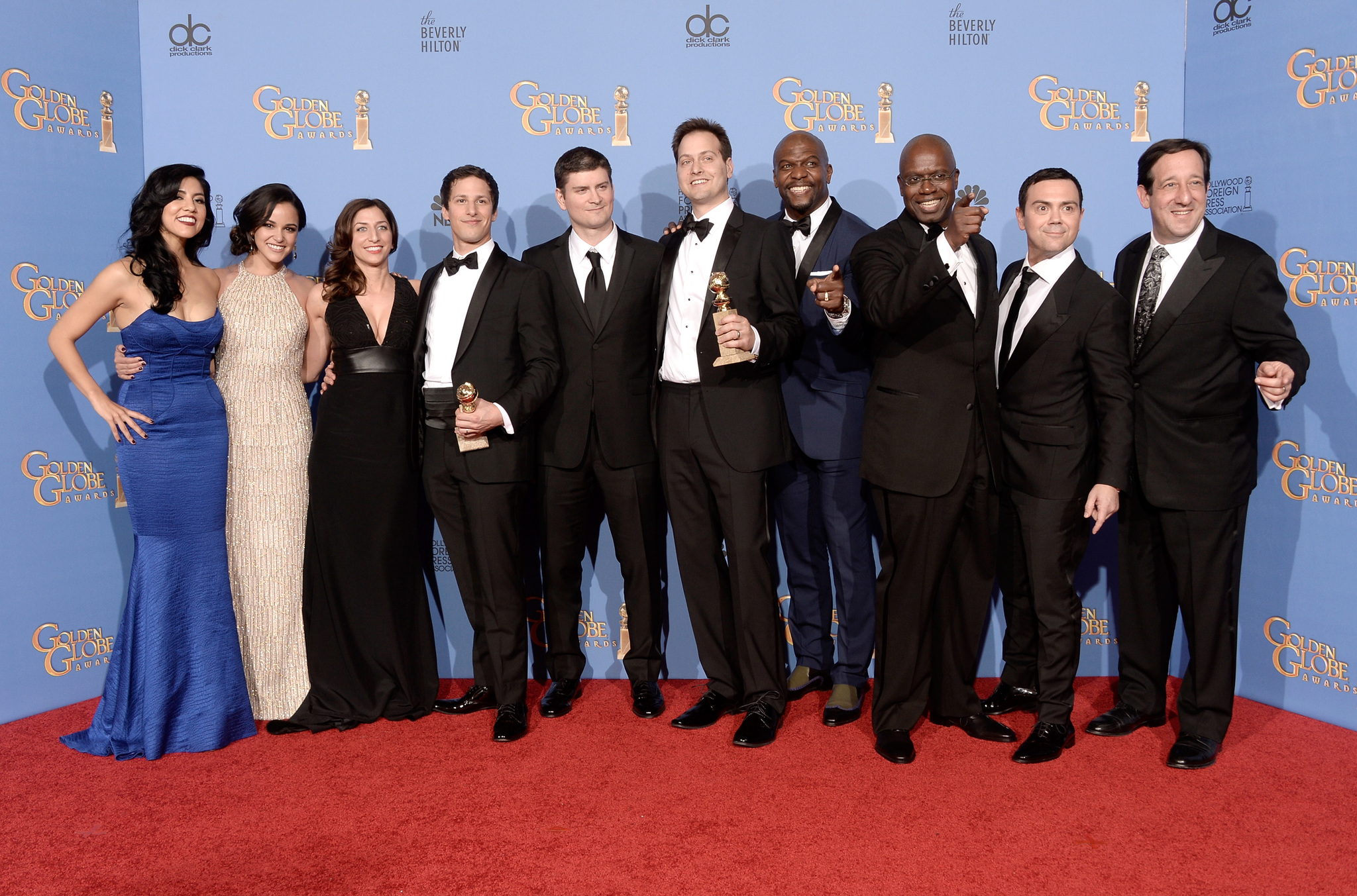 Andre Braugher, Terry Crews, Melissa Fumero, Joe Lo Truglio, Andy Samberg, Chelsea Peretti and Stephanie Beatriz at event of Brooklyn Nine-Nine (2013)