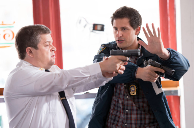 Still of Patton Oswalt and Andy Samberg in Brooklyn Nine-Nine (2013)