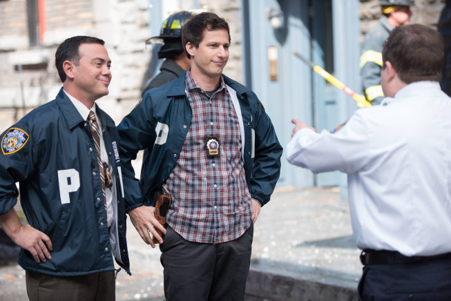 Still of Joe Lo Truglio and Andy Samberg in Brooklyn Nine-Nine (2013)