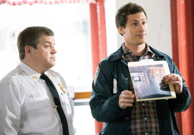 Still of Patton Oswalt and Andy Samberg in Brooklyn Nine-Nine (2013)