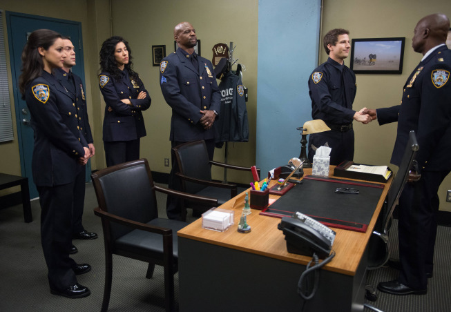 Still of Andre Braugher, Terry Crews, Melissa Fumero, Joe Lo Truglio, Andy Samberg and Stephanie Beatriz in Brooklyn Nine-Nine (2013)