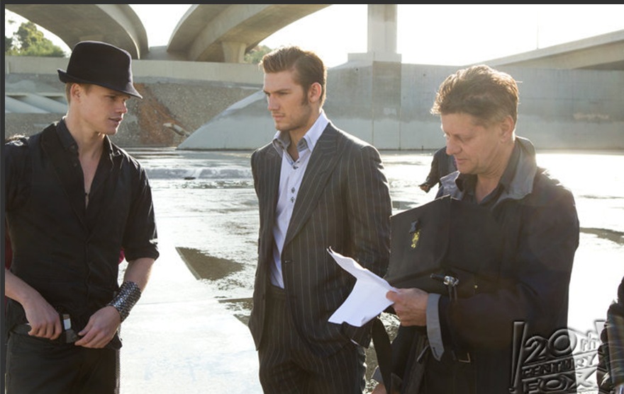 Brendan Miller and Alex Pettyfer with Director Andrew Niccol on the set of 
