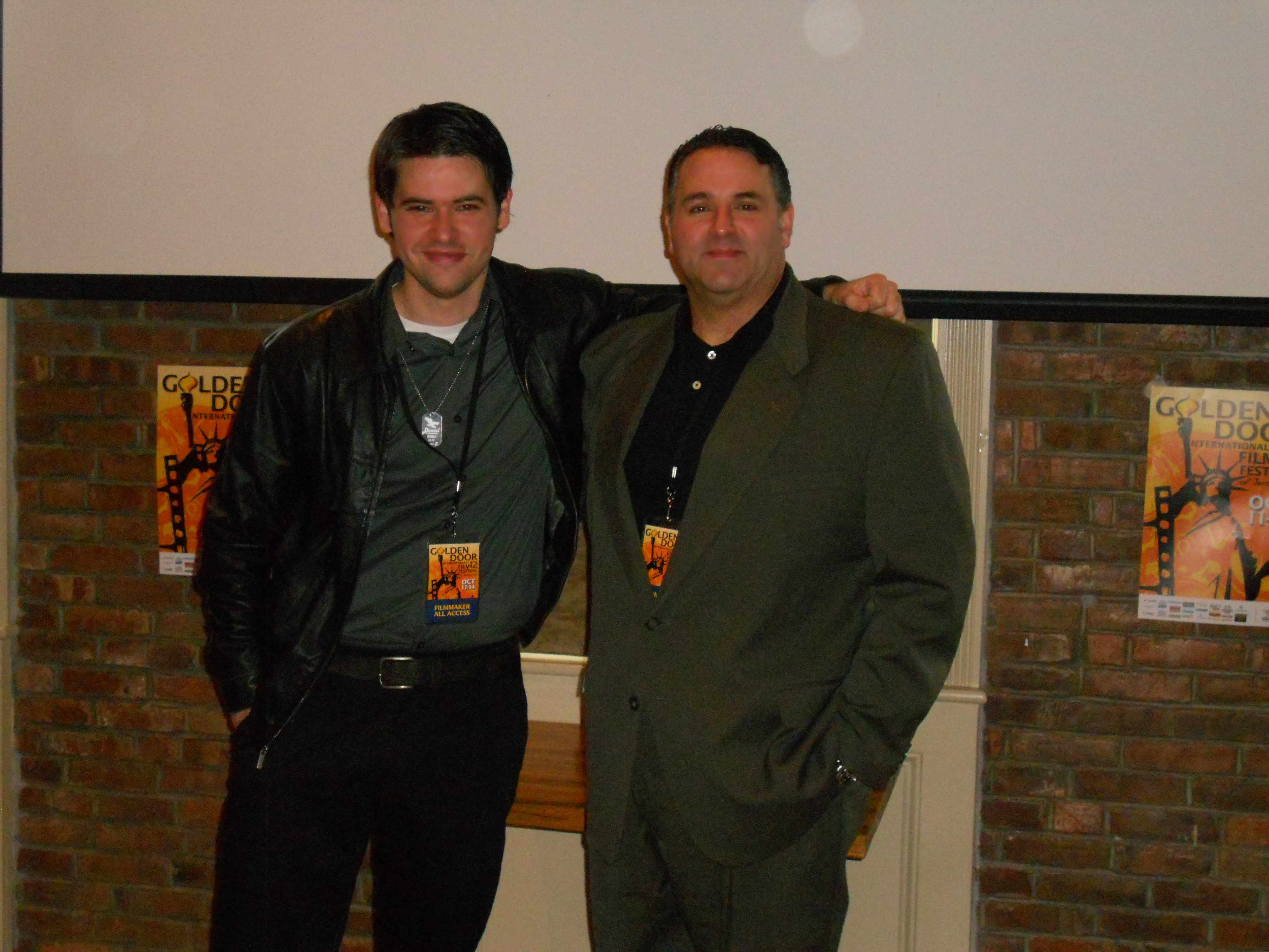 Award-Winning Writer-Director/Producer Sam Borowski (R) poses with Award-Winning Filmmaker Daniel McQueary at the screening venue before the final festival screening of McQueary's film, ALFRED THINKS WE'RE ALIENS at the 2012 GOLDEN DOOR INTERNATIONAL FILM FESTIVAL OF JERSEY CITY.