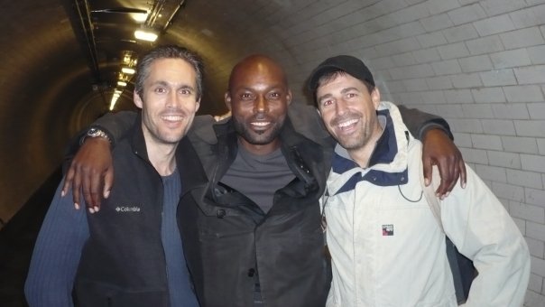 jon Sidgwick, Jimmy Jean Louise, Simon James Morgan on the set of Precipice, after the tunnel shoot out.