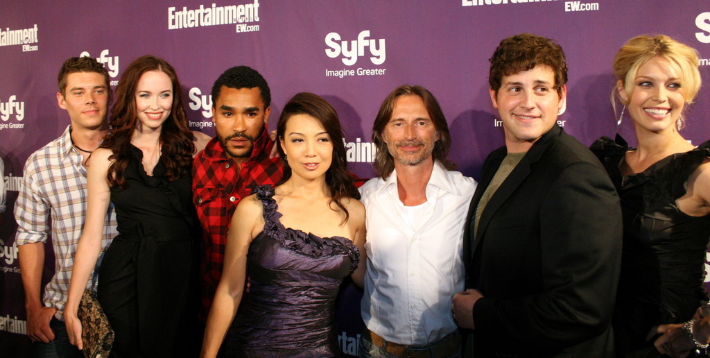 The cast of Stargate Universe (l-r): Brian J. Smith, Elyse Levesque, Jamil Walker Smith, Ming-Na, Robert Carlyle, David Blue, and Alaina Huffman