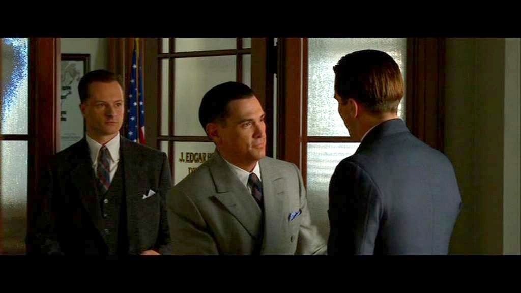 Chandler Williams as Clyde Tolson, Billy Crudup as J. Edgar Hoover and Christian Bale as Melvin Purvis, in Michael Mann's Public Enemies.