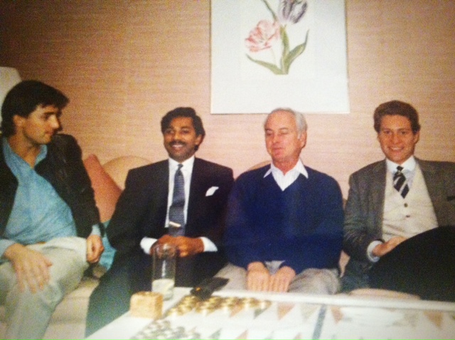 The day of the signing of 5 Picture deal with Merchant Ivory Productions at St.James's Club, Mayfair London in the Photo Paul Bradley, Timothy Khan, James Ivory, Tom Kaplan