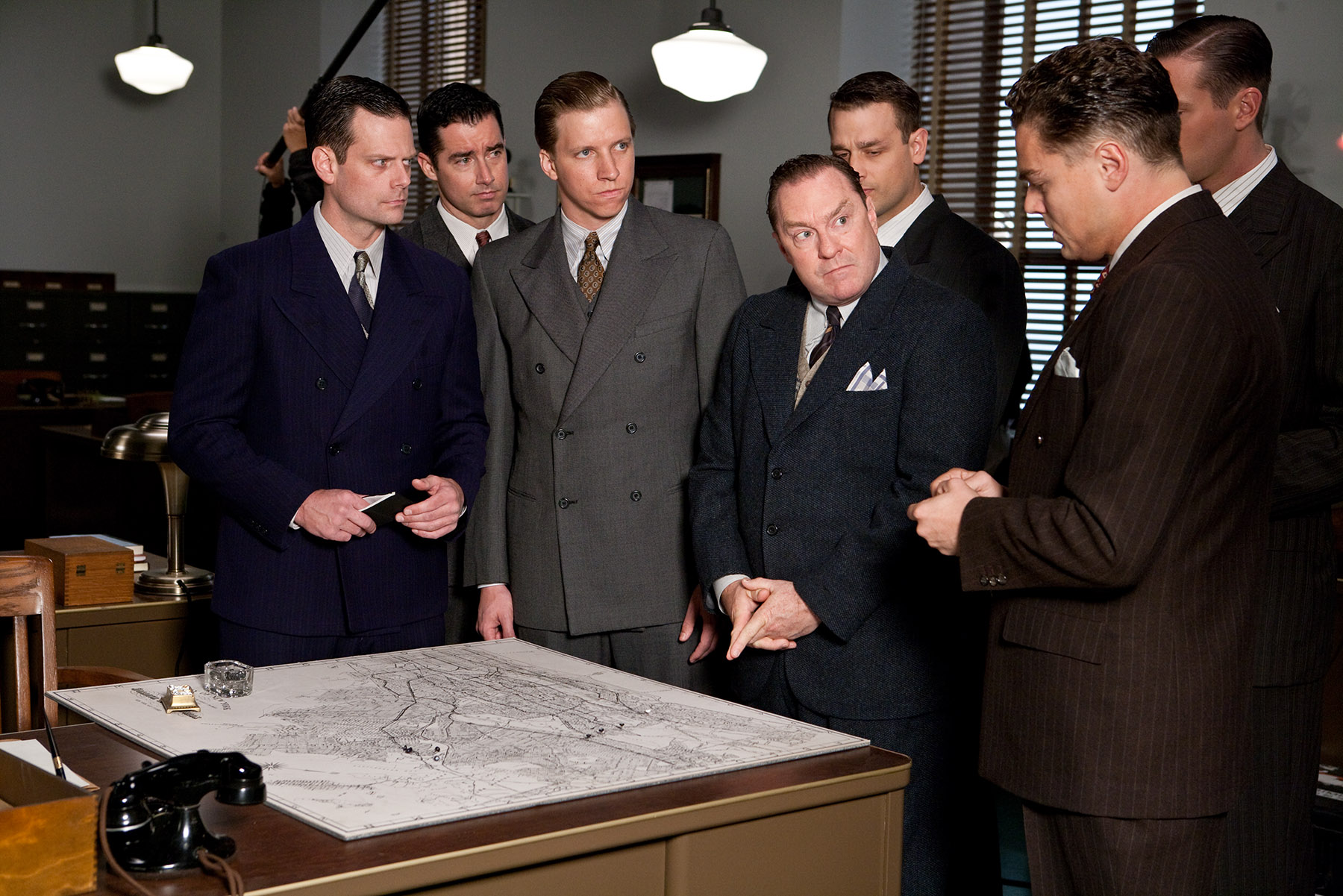 Gregory Hoyt, Stephen Root, Armie Hammer and Leonardo DiCaprio on the set of J. Edgar.