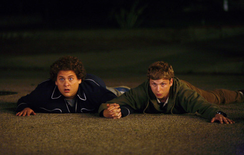 Still of Michael Cera and Jonah Hill in Superbad (2007)