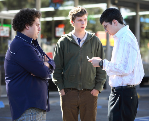 Still of Michael Cera, Jonah Hill and Christopher Mintz-Plasse in Superbad (2007)