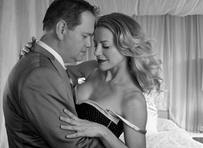 Tom Konkle and Brittney Powell noir film production still from Trouble Is My Business