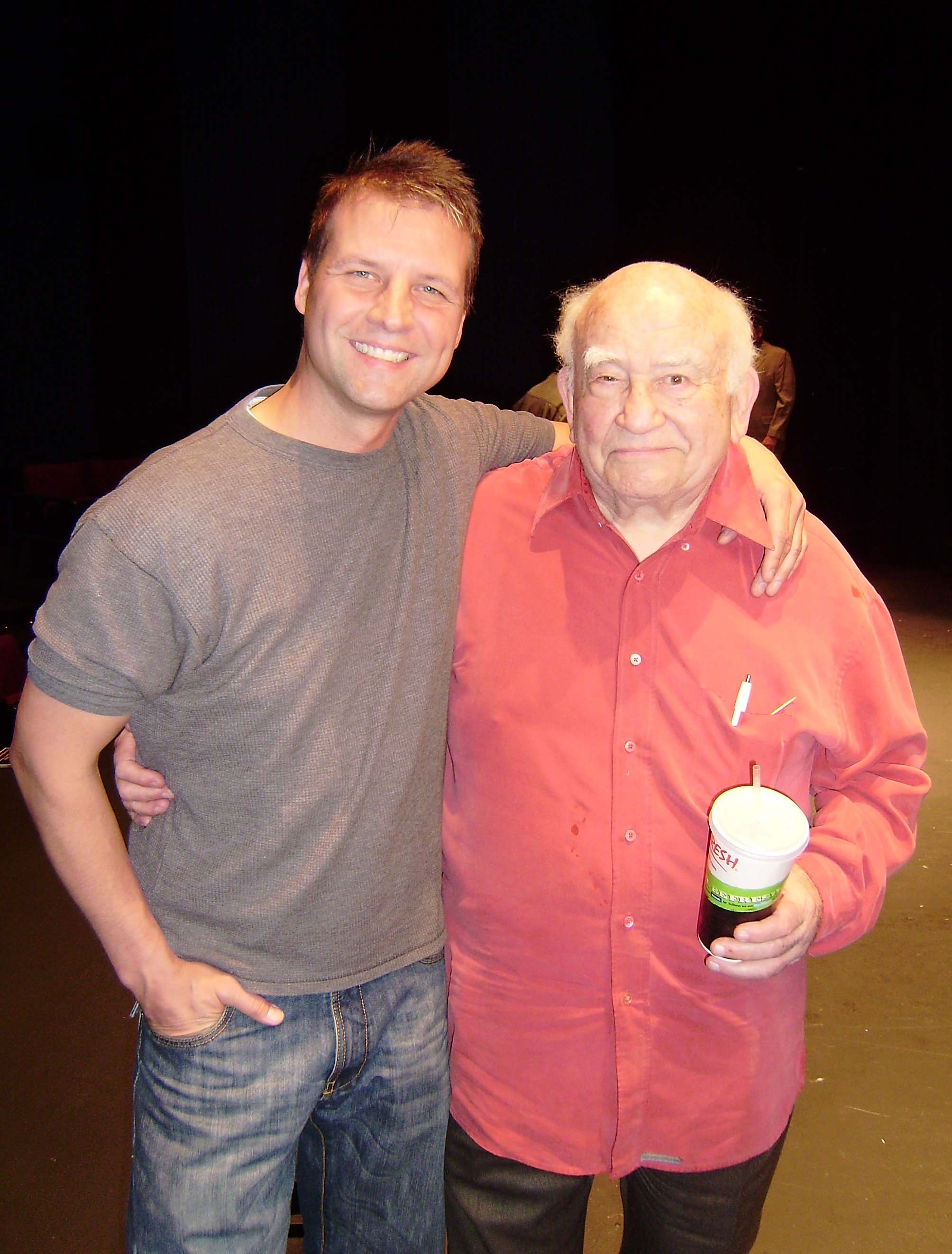 Tim Slaske and Ed Asner on stage at the Falcon Theatre, Burbank