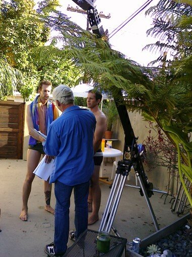 Mark C. Hanson and Marcus Harwell rehearse a scene from Pooltime for director Michael Donahue
