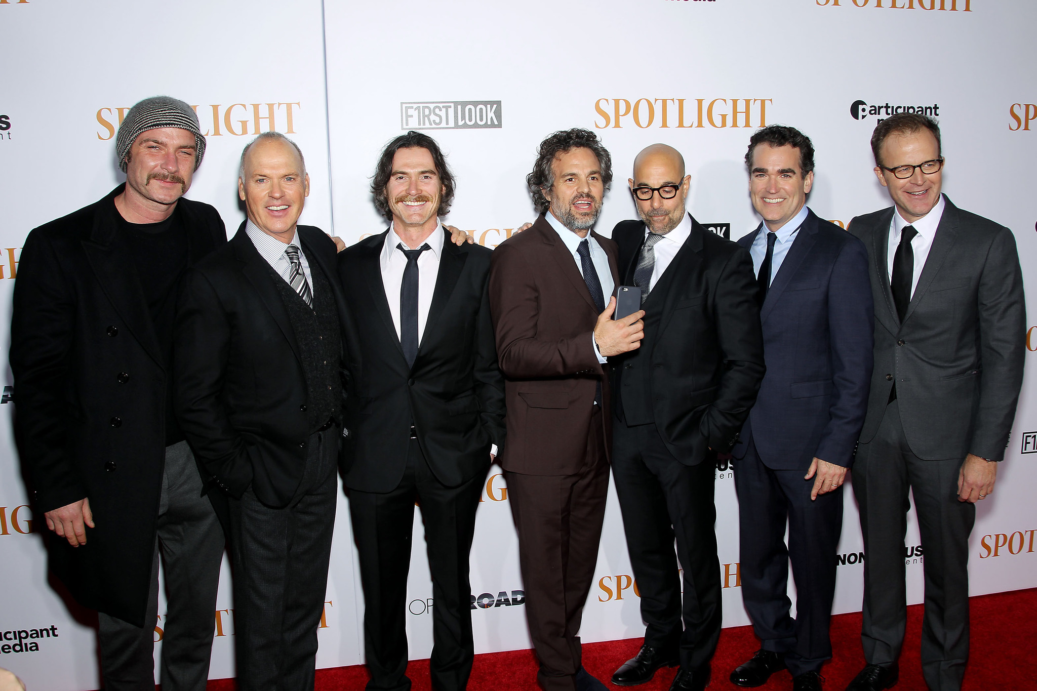 Michael Keaton, Liev Schreiber, Billy Crudup, Stanley Tucci, Tom McCarthy, Mark Ruffalo and Brian D'Arcy at event of Spotlight (2015)