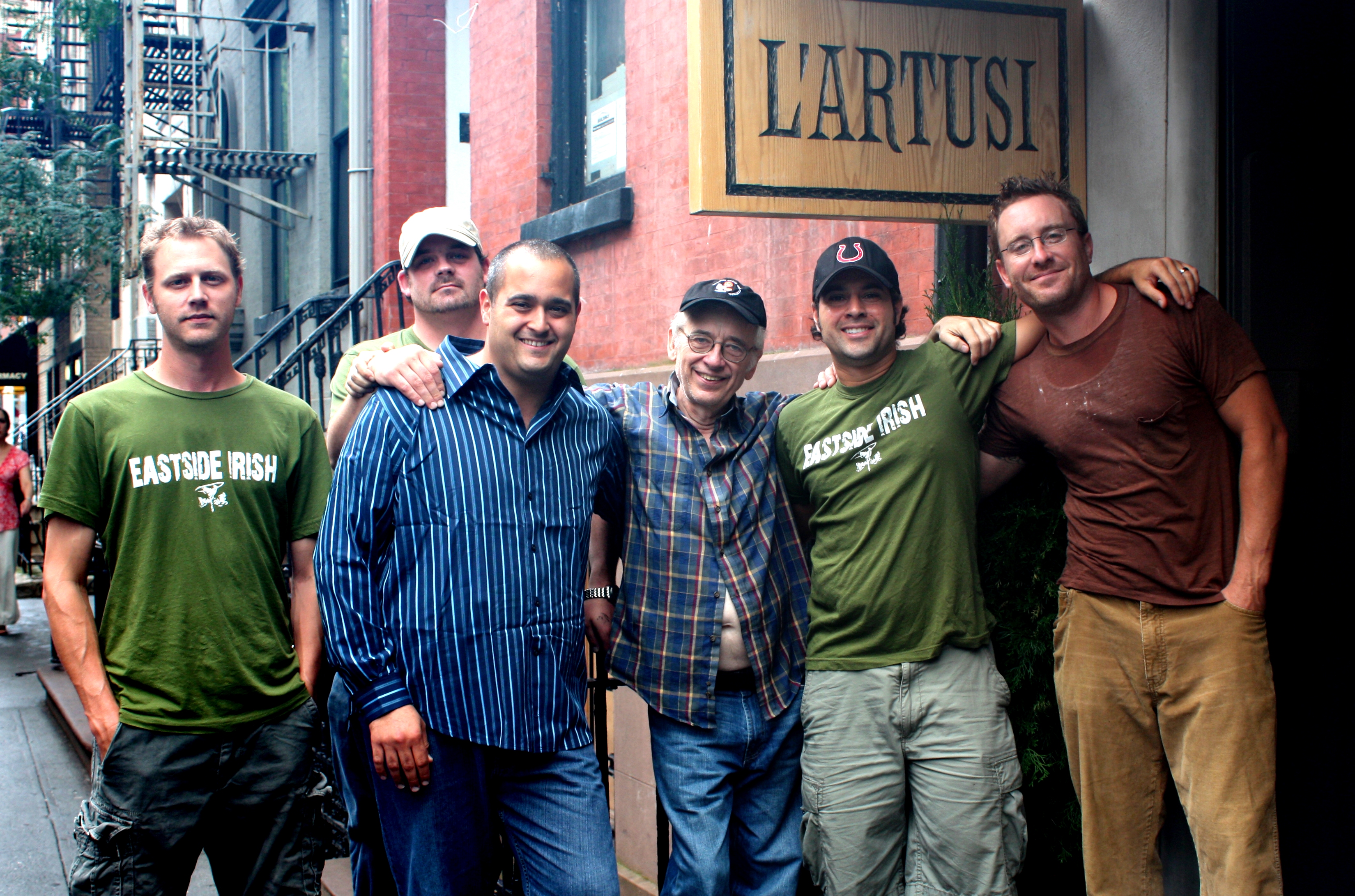 Matthew Thane Smith, Barry Burkey, Larry Infante, Austin Pendelton, Jim Fogarty & Michael Hanton on location in NYC for Eastside Irish shoot.