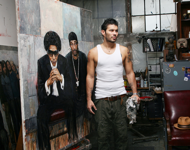 In the studio with painting of Snoop Dogg and Tego Calderon