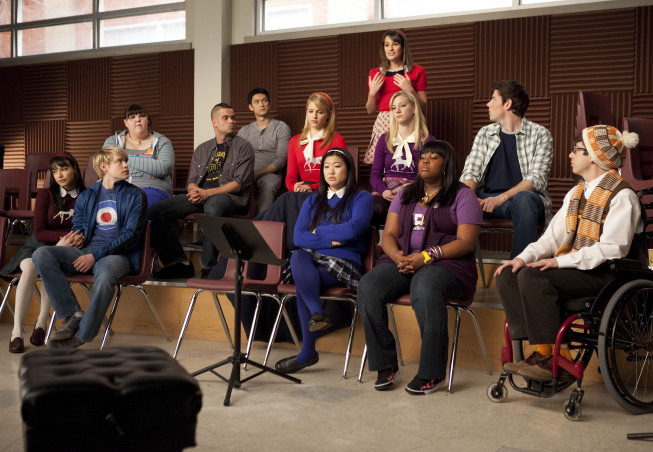 Still of Lea Michele, Naya Rivera, Mark Salling, Cory Monteith, Ashley Fink, Dianna Agron, Jenna Ushkowitz, Amber Riley and Chord Overstreet in Glee (2009)