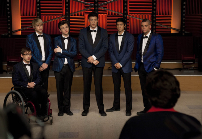 Still of Mark Salling, Harry Shum Jr., Cory Monteith, Chris Colfer and Chord Overstreet in Glee (2009)