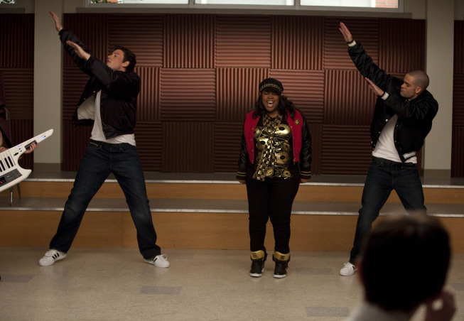 Still of Mark Salling, Cory Monteith and Amber Riley in Glee (2009)