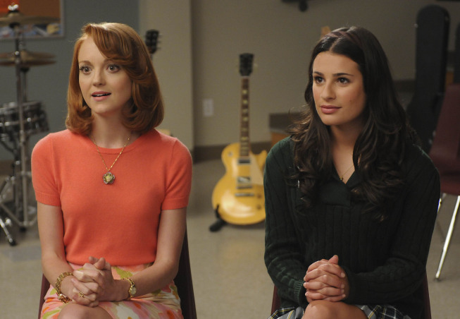 Still of Lea Michele and Jayma Mays in Glee (2009)
