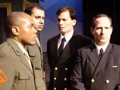Rico (center) as Lt. J.G. Daniel Kaffee interviewing L. Corp. Dawson and Pfc. Downey in 2007 L.A. production of Aaron Sorkin's 