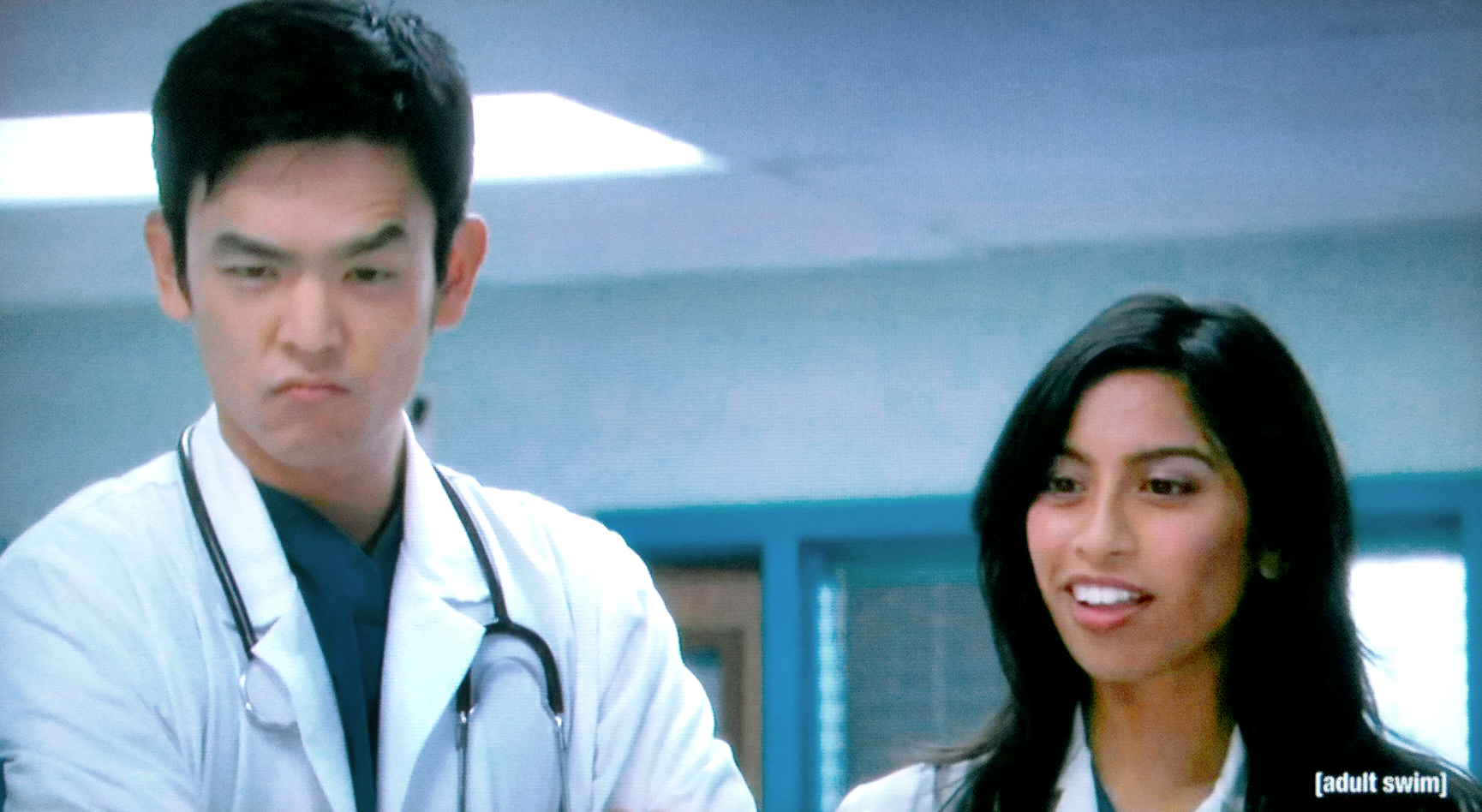John Cho and Rasika Mathur, impressed with the protocol at Children's Hospital, only on [adult swim]