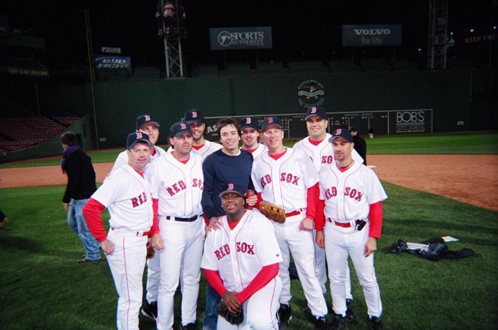 With the Fake Red Sox on the pitchers mound at Fenway Park.