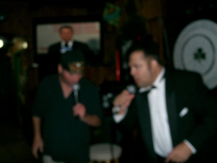 Blurry Rare pic of (the even blurrier) Watt (right) & actor/entertainer: Danny Fisher [Doctor Frank N. Swine from FRANKENPIMP (2009)]'s Behind-The-Screams nightclub act debut OCTOBER, 1ST, 2010 @ McKenna's Irish Pub (BRAMPTON, ONTARIO, CANADA)! Copyright 2010, Tony Watt Inc.,Studios