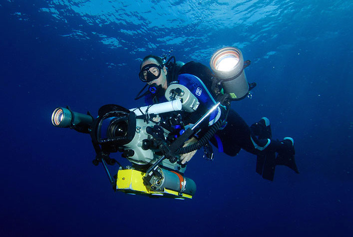Emmy Award-Winner David Hannan filming footage underwater for Jonah Bryson's 'A Sweet Spot in Time'