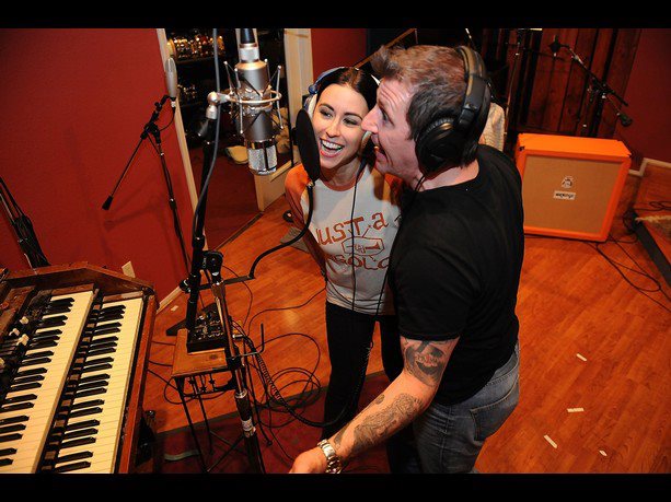 LAS VEGAS, NV - JUNE 28: Sarah Spiegel and Louis Prima Jr. during a studio recording at The Tone Factory Recording Studios in Las Vegas, Nevada.