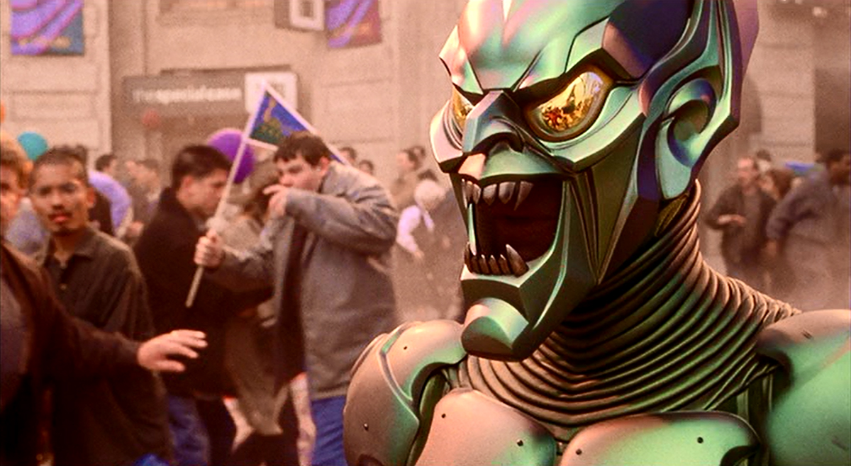 Running past the Green Goblin as he is about to counter a punch thrown by Spider-Man during the World Unity Festival...in SPIDER-MAN (2002)