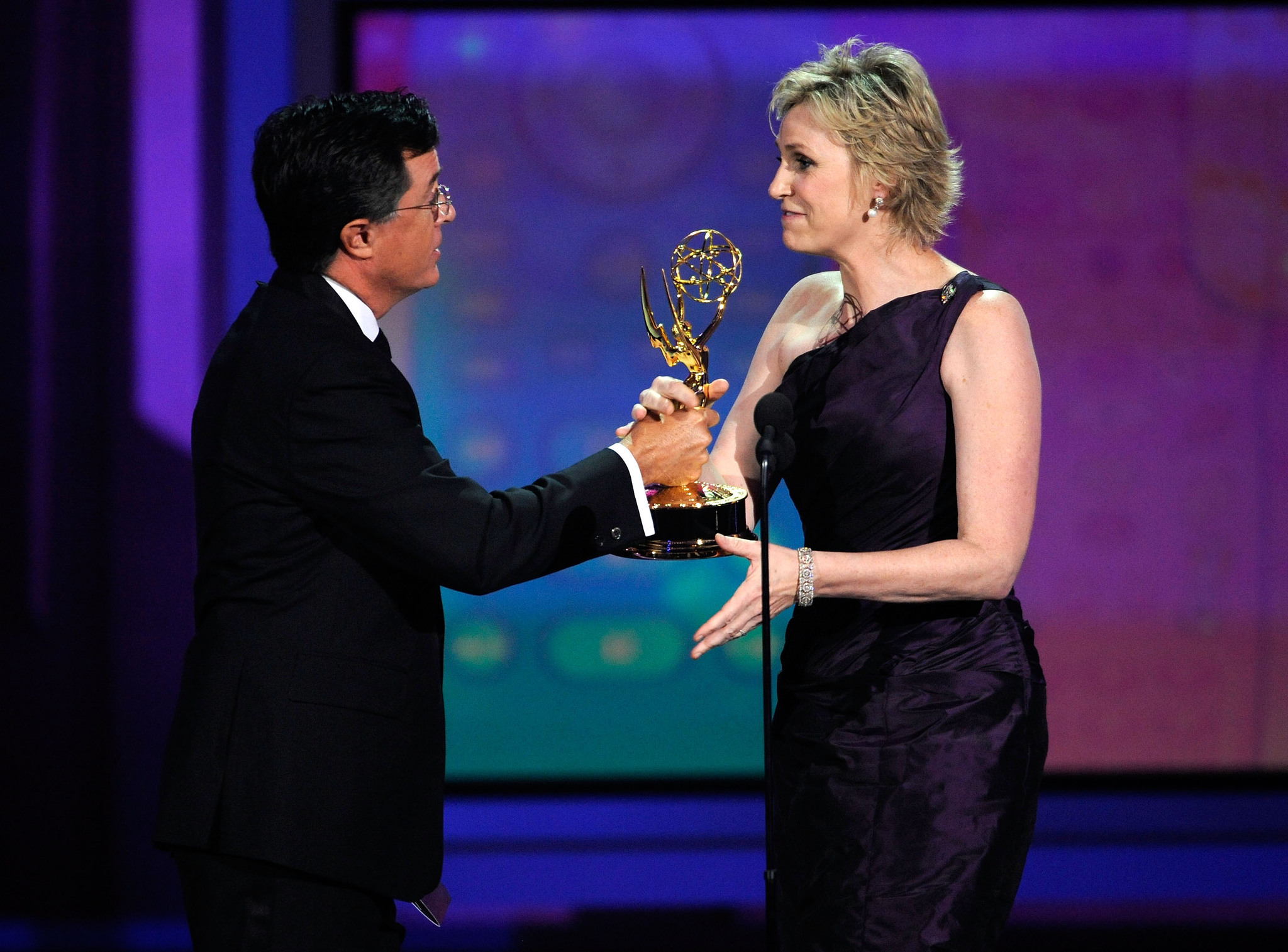 Stephen Colbert and Jane Lynch