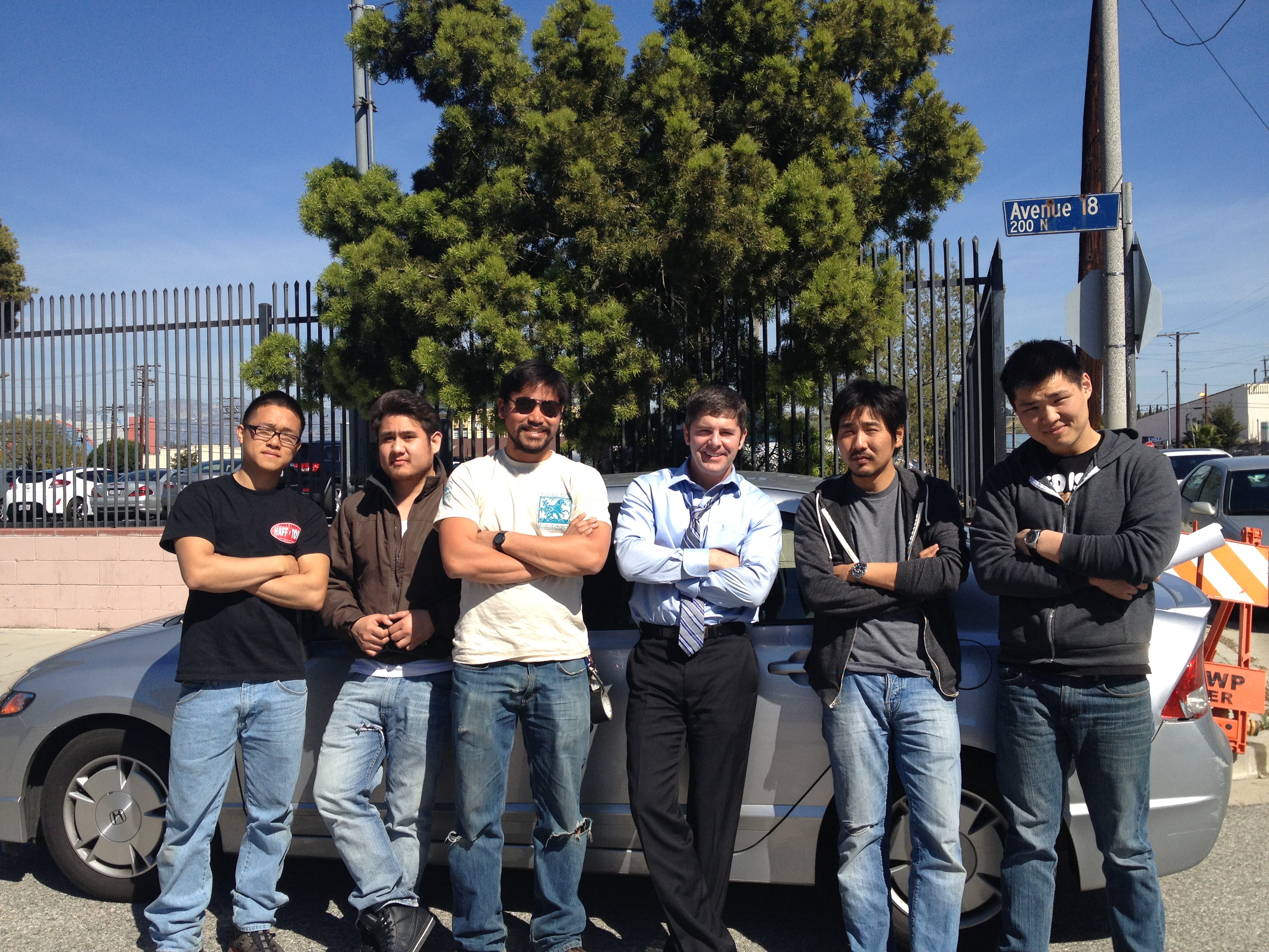Actor Rich Handley with film crew on the set of Navigation (2013 Official Selection for the International Smart Phone Film Festival), DP Chung-hoon Chung second to right, Director Dan Park on far right Director, Danny Park on far right.