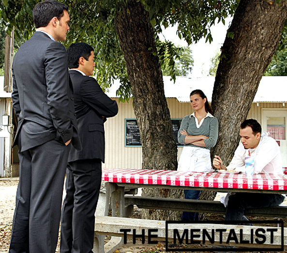 CBI Agents Wayne Rigsby (Owain Yeoman, left) and Kimball Cho (Tim Kang, second left) interview Marva (Heather Tom, 