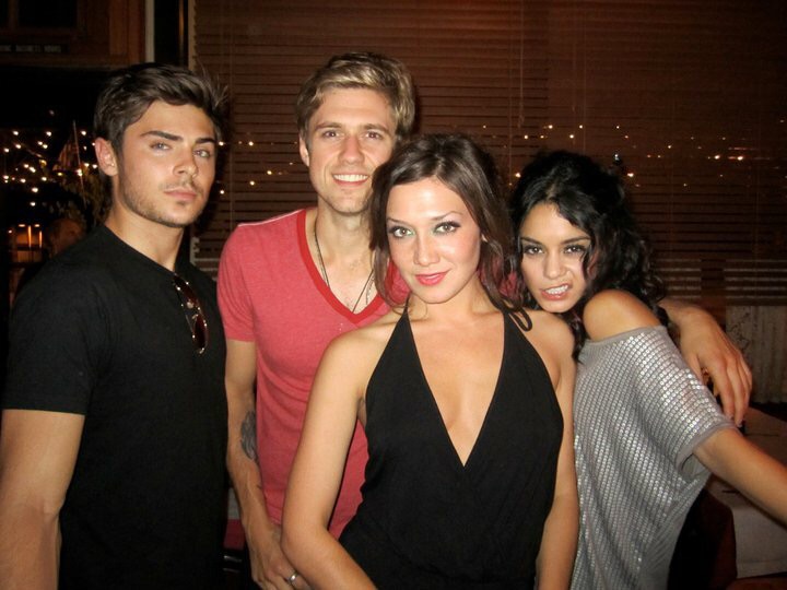Zarah Mahler with Zac Efron and castmates Aaron Tveit and Vanessa Hudgens at opening night of 