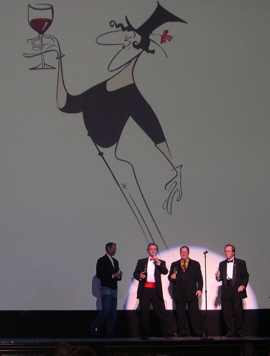 Producer John Walker introducing THE INCREDIBLES at the PIXAR wrap party screening. With Steve Jobs, John Lasseter and Brad Bird.