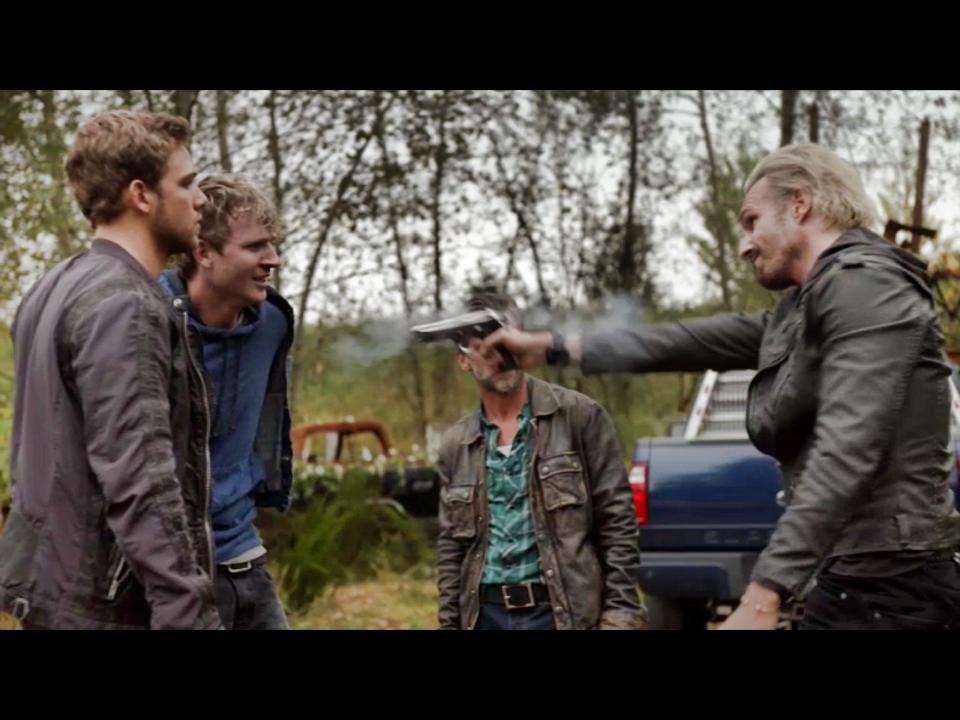 Max Theroux, Chad Rook, Ian Tracey and Michael Eklund on set of Bates Motel
