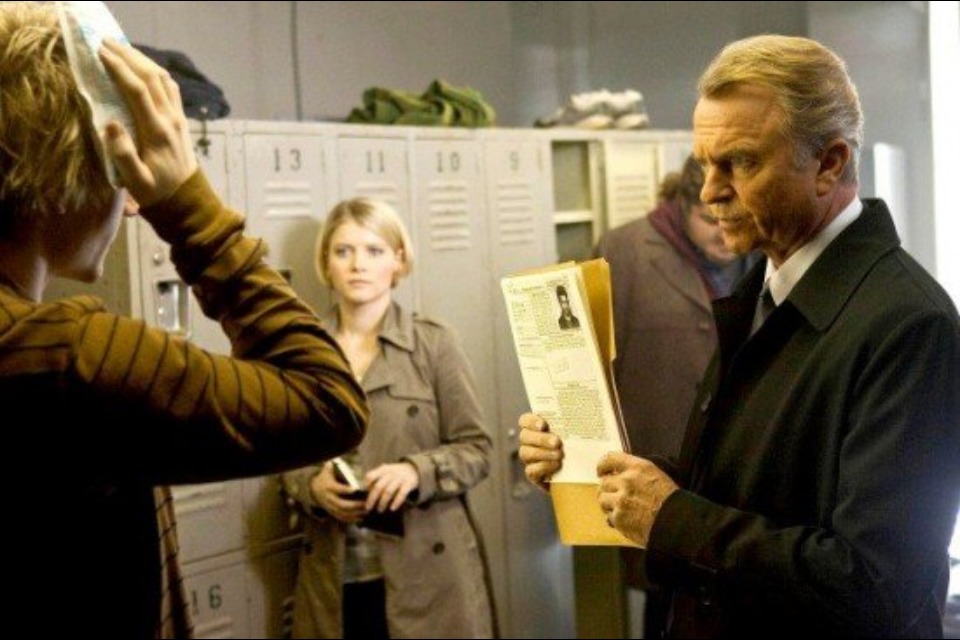 Chad Rook, Sarah Jones, Jorge Garcia and Sam Neill on set of Alcatraz.