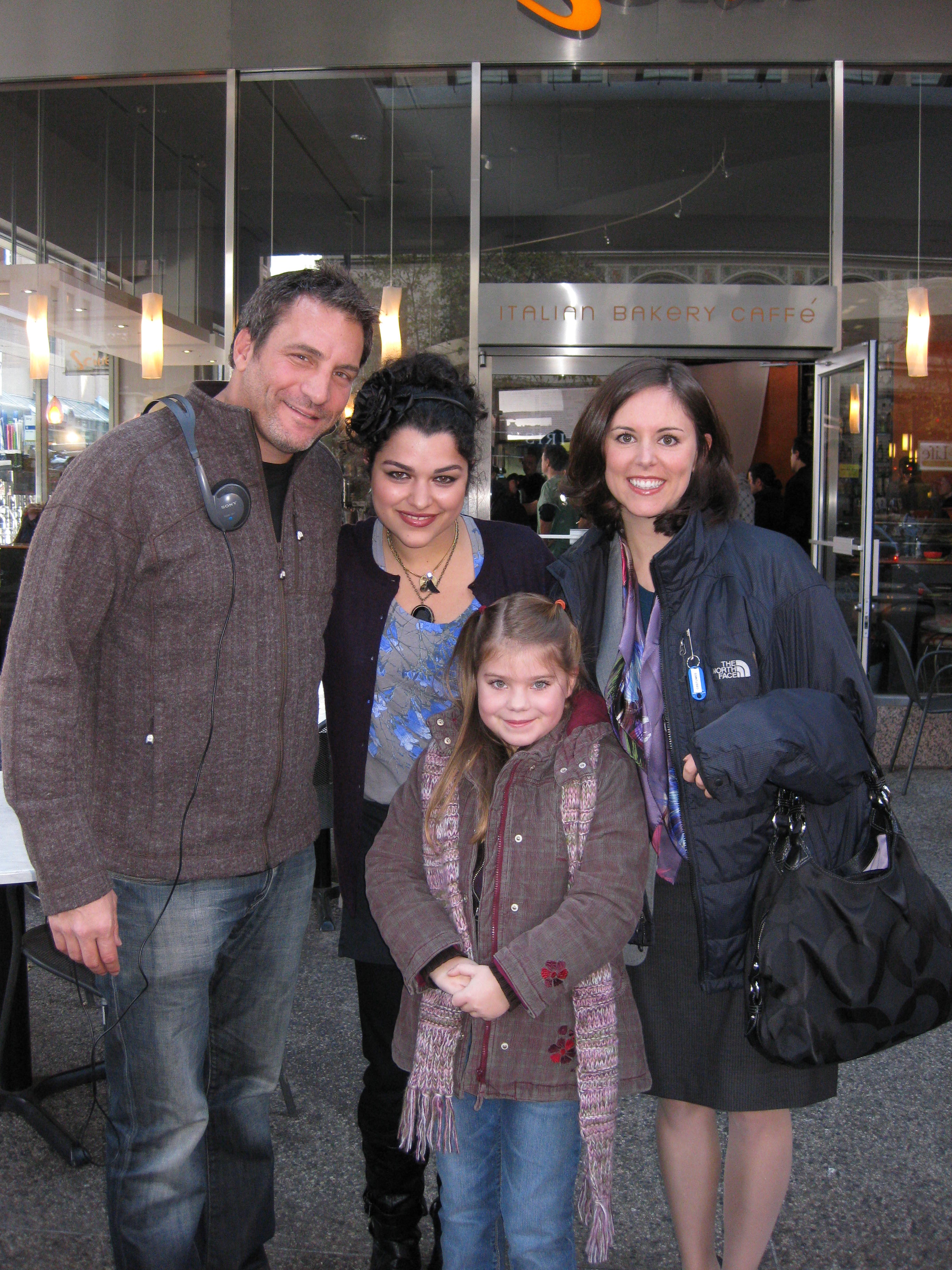 Director Adam Davidson, Eve Harlow, Alberta Mayne, and Sierra Pitkin on the set of Fringe 2010