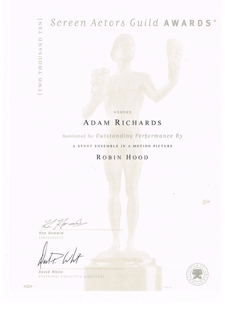 Adam Richards Awarded Outstanding Performance for Motion Picture Robin Hood.