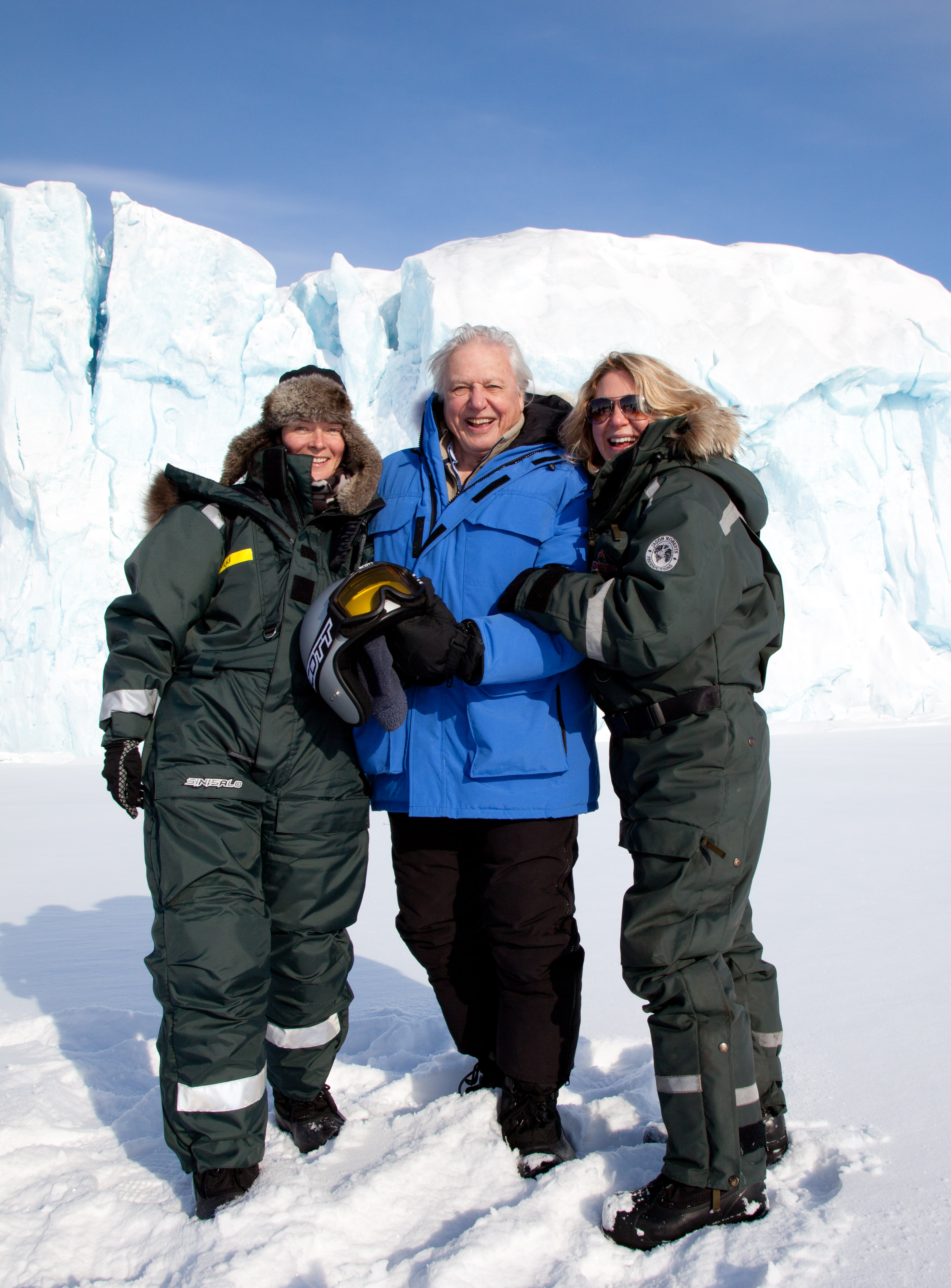 Vanessa Berlowitz (on left) with Sir David Attenborough. Filming for Frozen Planet in Svalbard, 2010.
