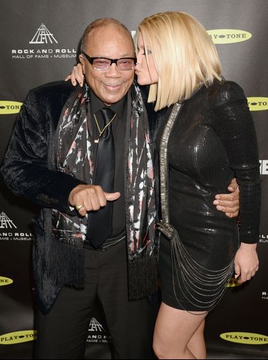 Quincy Jones and Carrie Keagan arrive at the 28th Annual Rock and Roll Hall of Fame Induction Ceremony at Nokia Theatre L.A. Live on April 2013 in Los Angeles, California