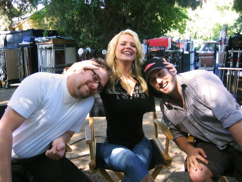 Seth Rogen, Carrie Keagan and Evan Goldberg on the set of 