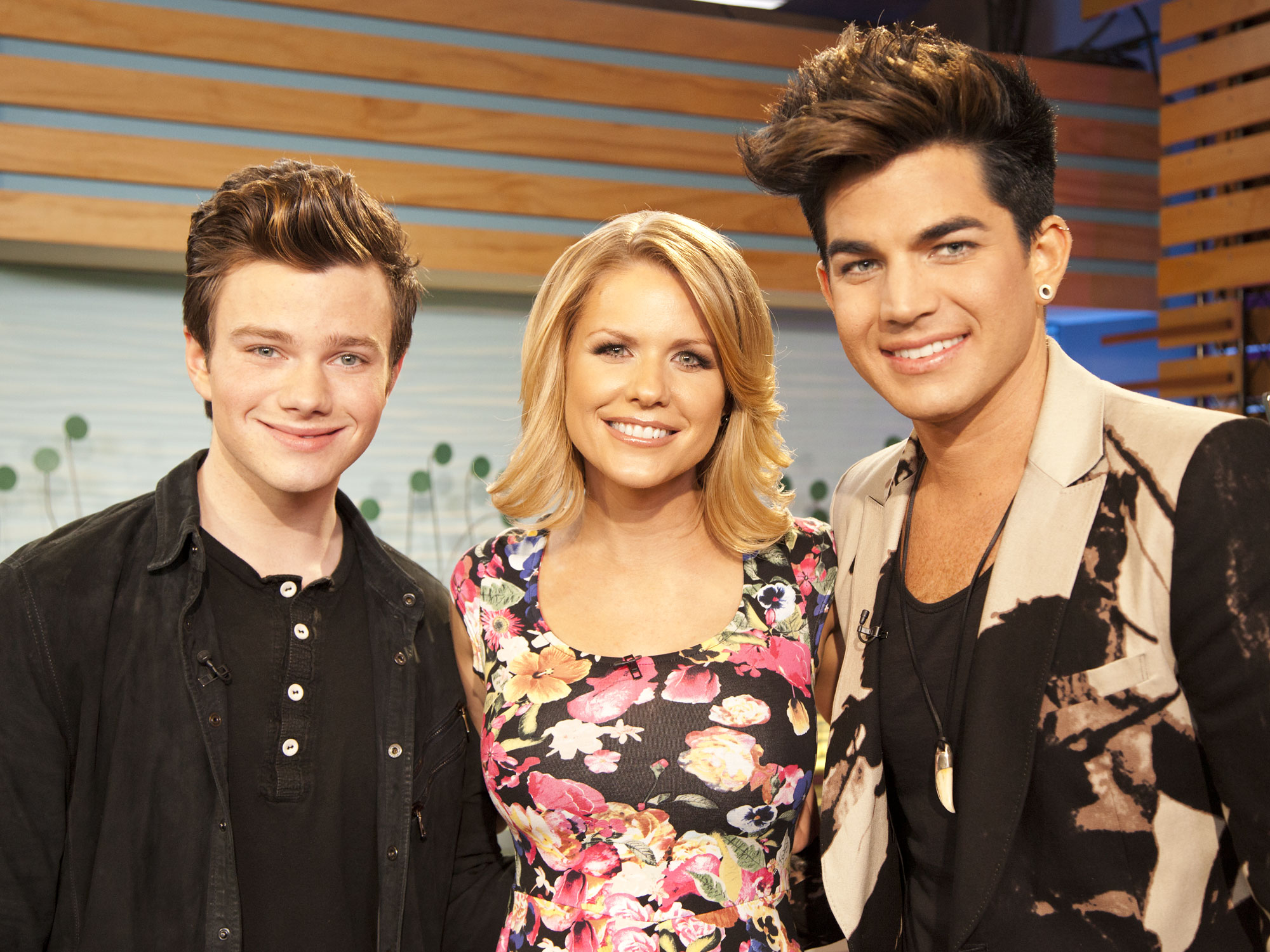 Carrie Keagan with Chris Colfer and Adam Lambert on the set of VH1's Big Morning Buzz Live with Carrie Keagan.