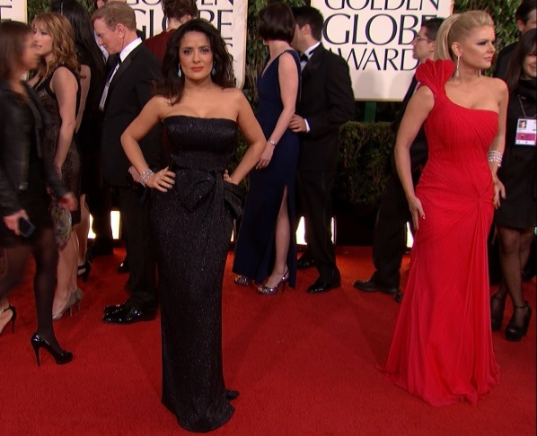 Salma Hayek and Carrie Keagan arrive at the 70th Annual Golden Globe Awards held at The Beverly Hilton Hotel on January 13, 2013 in Beverly Hills, California
