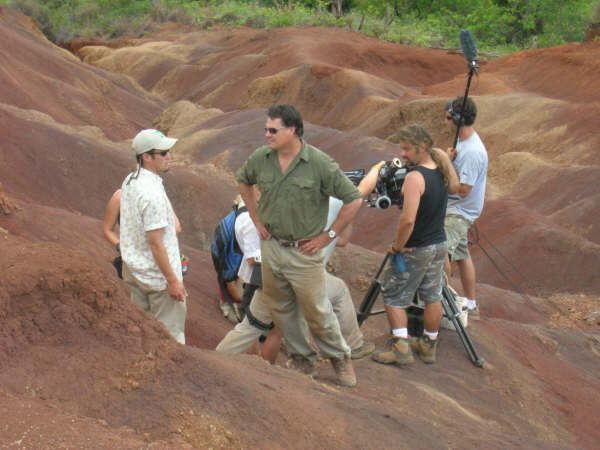 Kent Matsuoka discusses a scene with Brad Johnson on location in Kauai, Aug 2006